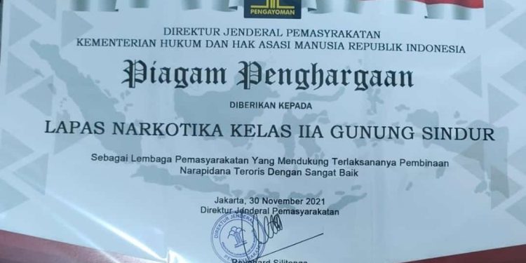 Mampu Bina Napiter, Lapas Narkotika Gunung Sindur Diganjar Penghargaan